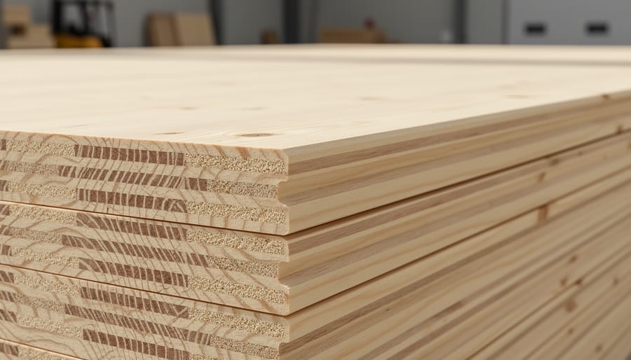 Close-up of cross-laminated timber panels showing layered wood construction
