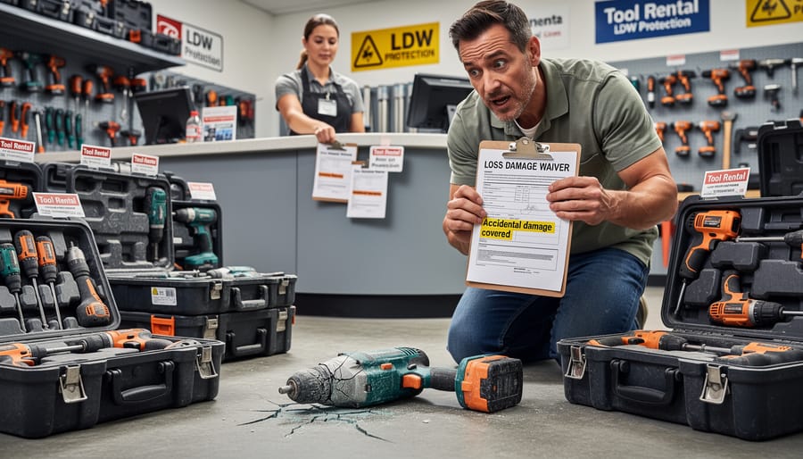 Damaged rental power drill being held by contractor showing cracked housing