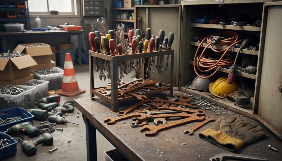 Damaged and rusted power tools scattered on garage floor showing effects of poor storage