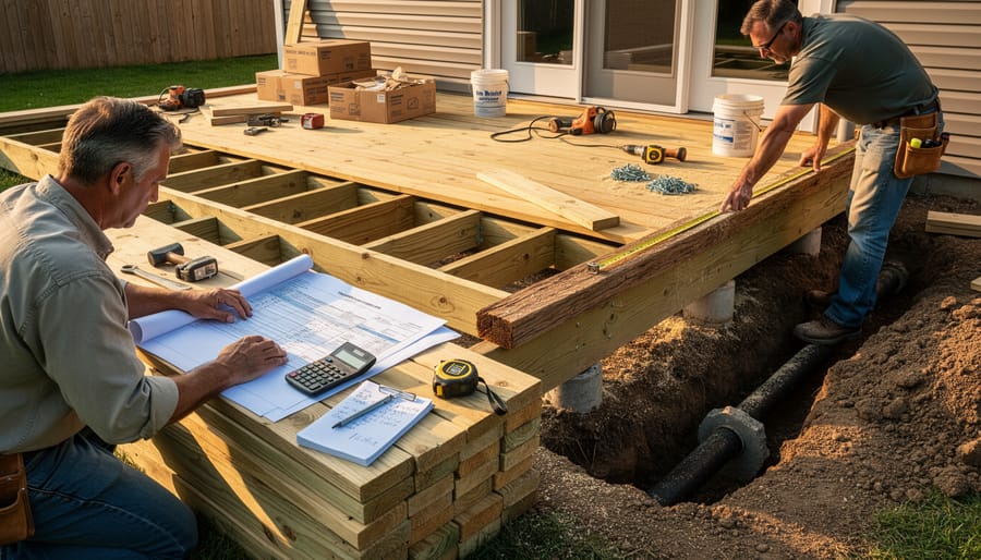 Partially completed deck construction site with rental tools and building materials