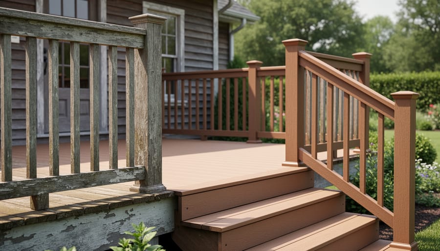 Close-up comparison of weathered timber decking and composite decking materials