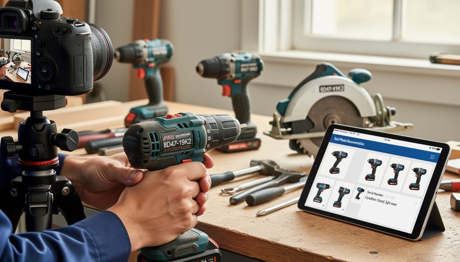 Business owner using tablet to photograph tool serial number for digital records