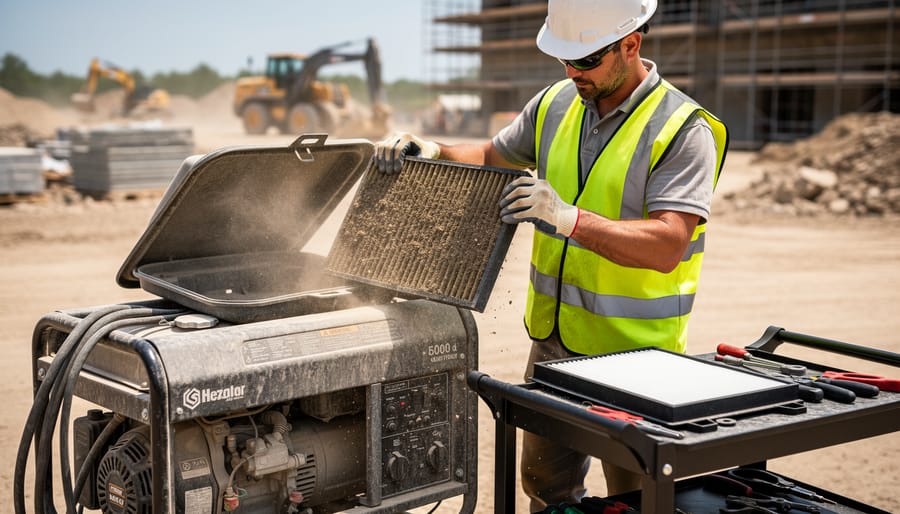 Close-up of contaminated generator air filter showing dust accumulation