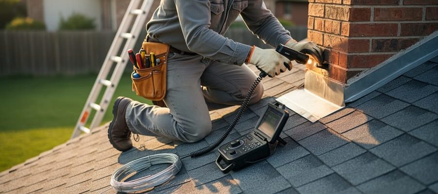 Person wearing work gloves kneels on a shingle roof using a chimney inspection camera with an illuminated probe at the flue opening, wire chimney brush beside them, with a ladder and backyard softly blurred in the background.