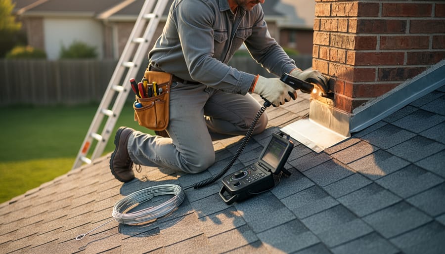 Person wearing work gloves kneels on a shingle roof using a chimney inspection camera with an illuminated probe at the flue opening, wire chimney brush beside them, with a ladder and backyard softly blurred in the background.