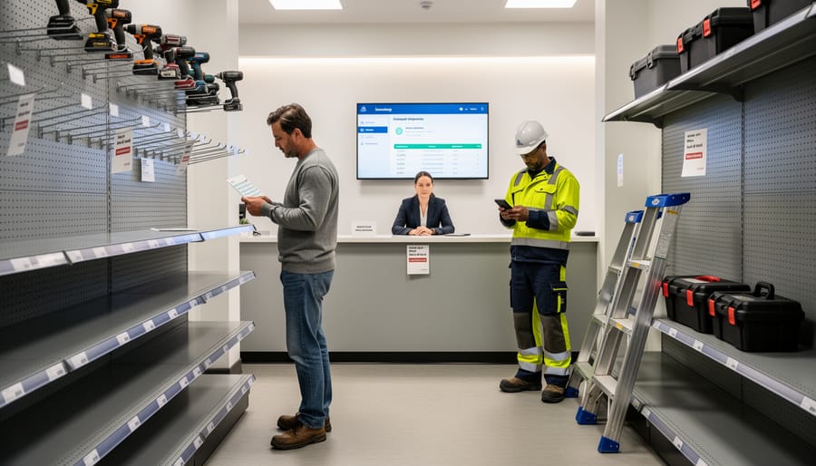 Sparse shelves in tool rental shop showing limited equipment availability