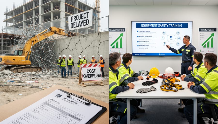 Damaged heavy equipment at construction site with safety barriers