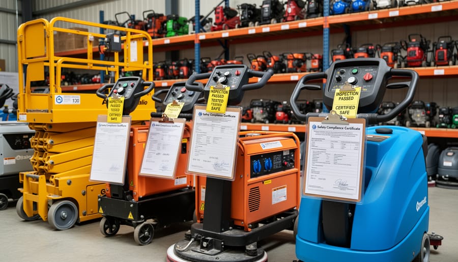 Power tools with inspection tags displayed at rental equipment counter