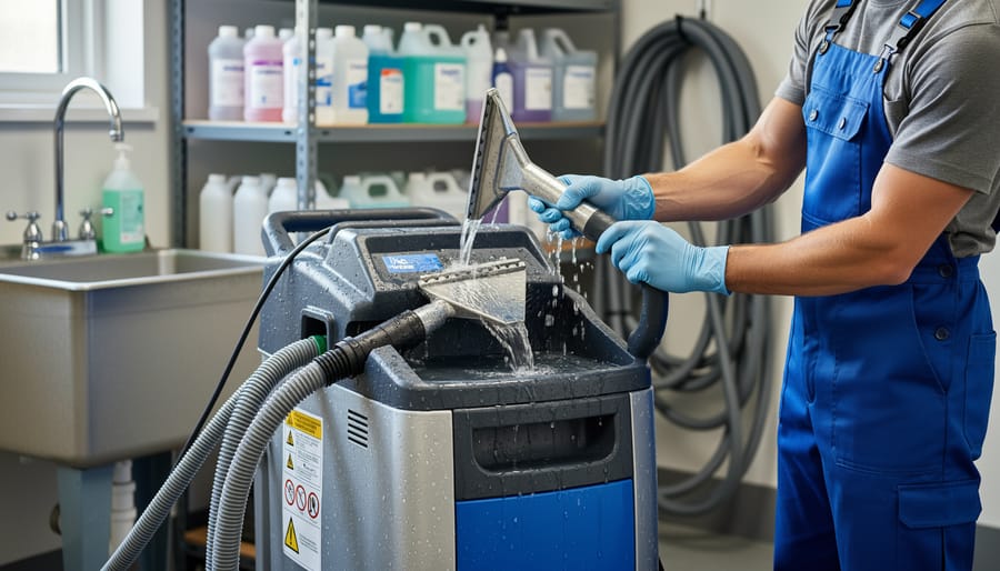 Professional cleaner rinsing extraction equipment spray jets and connections in utility sink