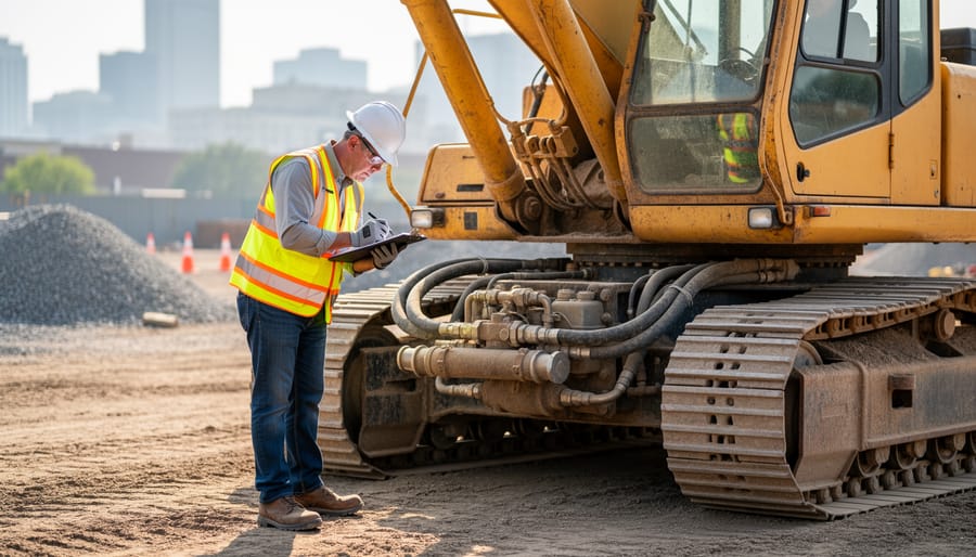 Construction worker performing safety inspection on vintage excavator hydraulic systems