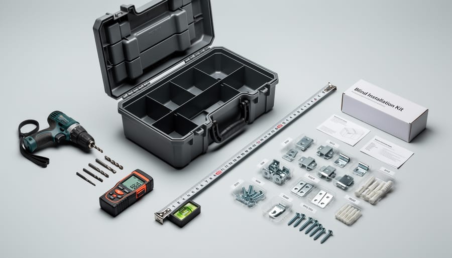 Essential blind installation tools including drill, laser level, measuring tape, and mounting hardware arranged on workbench