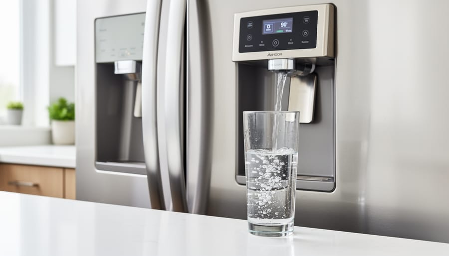 Glass being filled with filtered water from refrigerator dispenser