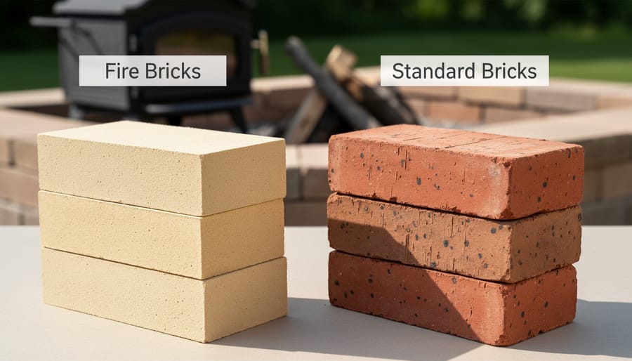 Comparison of fire brick and standard red brick showing different textures and colors