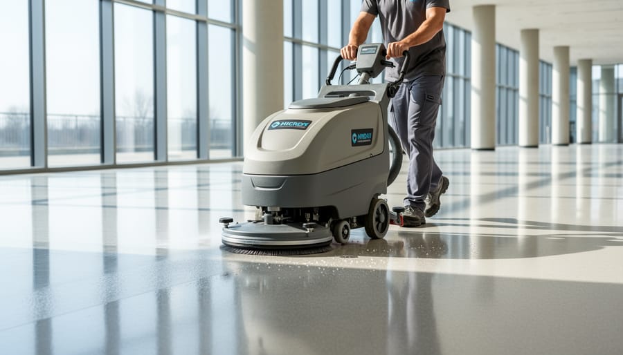 Professional floor scrubbing machine cleaning commercial tile flooring in office hallway