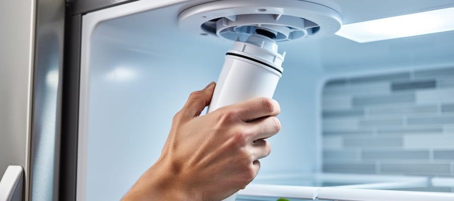 Hand installing a new cylindrical water filter into the internal housing of a modern stainless-steel refrigerator, with shelves and kitchen background softly blurred in natural daylight.