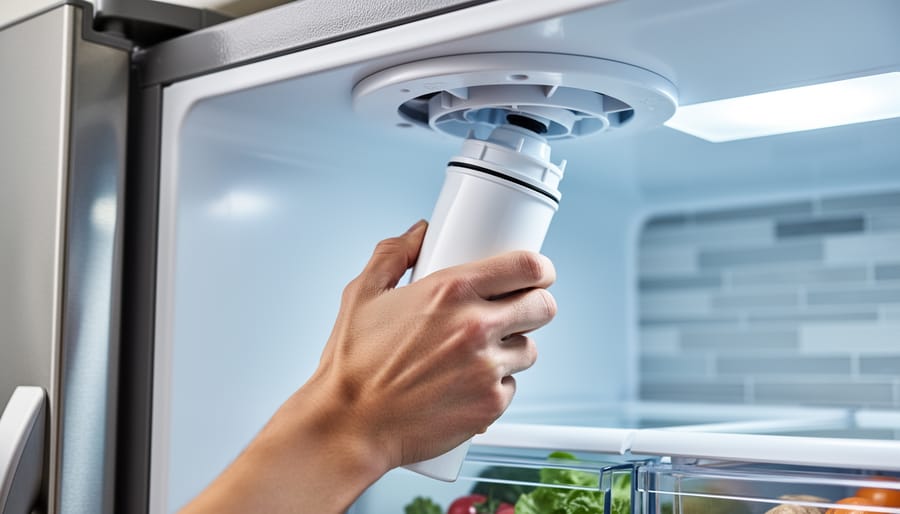 Hand installing a new cylindrical water filter into the internal housing of a modern stainless-steel refrigerator, with shelves and kitchen background softly blurred in natural daylight.