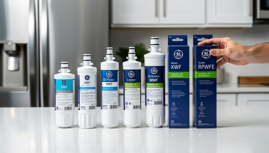 Three different GE water filter models displayed showing their distinct designs and model numbers