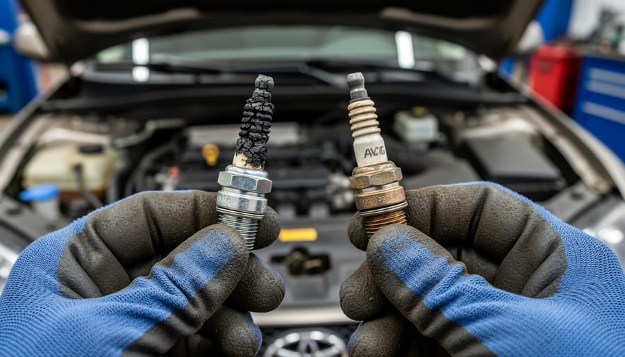 Spark plug being removed from generator engine during routine maintenance