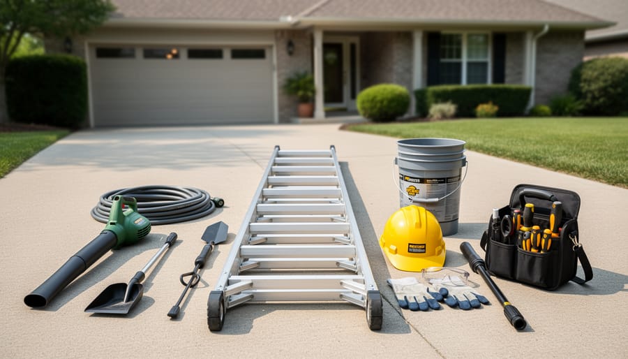 Complete gutter cleaning toolkit including ladder, safety gear, scoop, bucket and hose arranged on deck