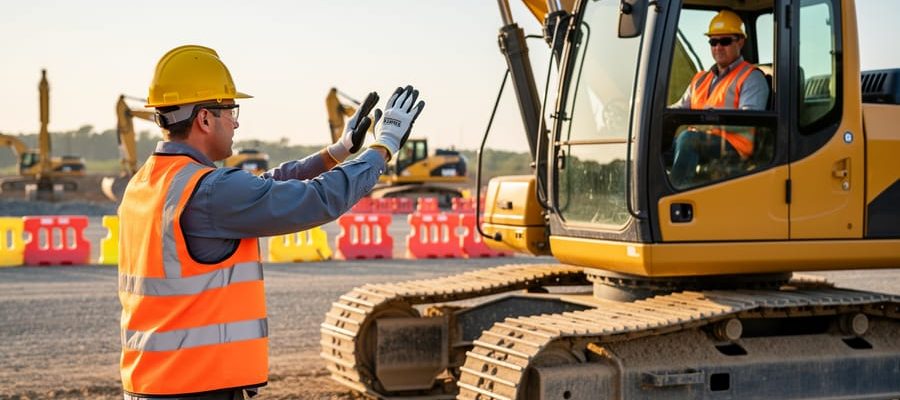 Safety trainer in high-visibility gear signaling to an excavator operator during a pre-operation inspection, with cones and other machinery softly blurred in the background under warm evening light.