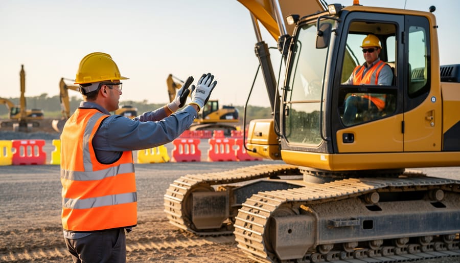 Safety trainer in high-visibility gear signaling to an excavator operator during a pre-operation inspection, with cones and other machinery softly blurred in the background under warm evening light.