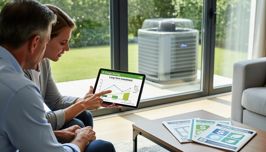 Modern HVAC system and energy-efficient window on residential building exterior