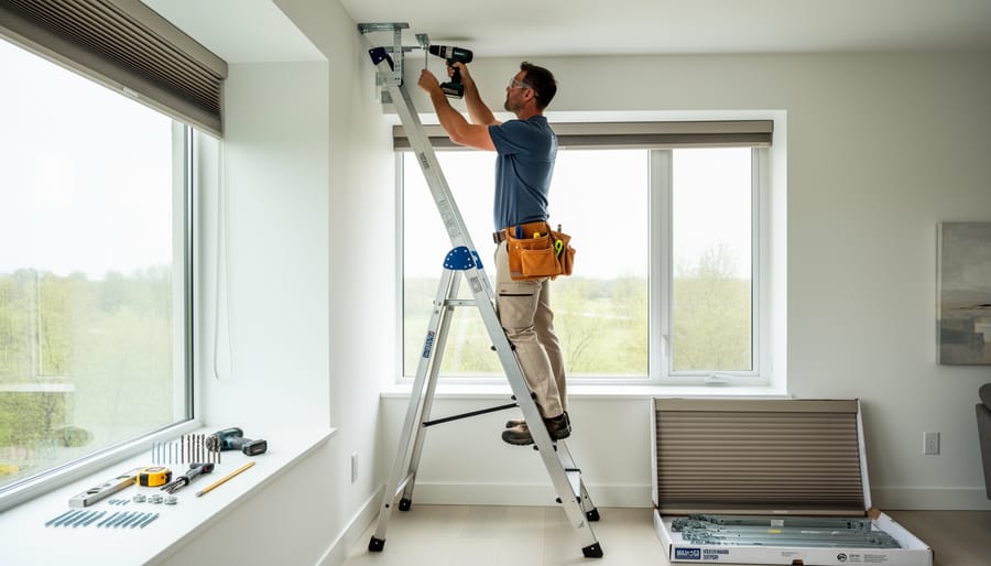 Person on ladder installing window blind using cordless drill in bright room