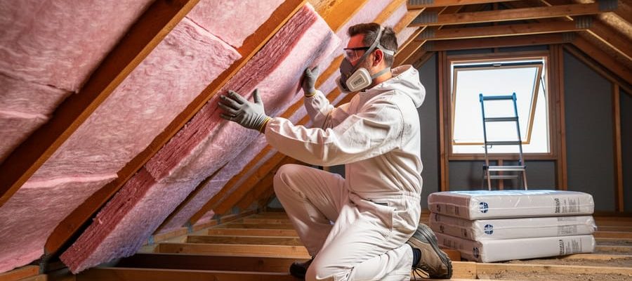 Installer wearing protective gear places pink fibreglass batts between timber ceiling joists in a clean Australian attic, with trusses, a ladder, and plain-wrapped batts softly visible in the background.