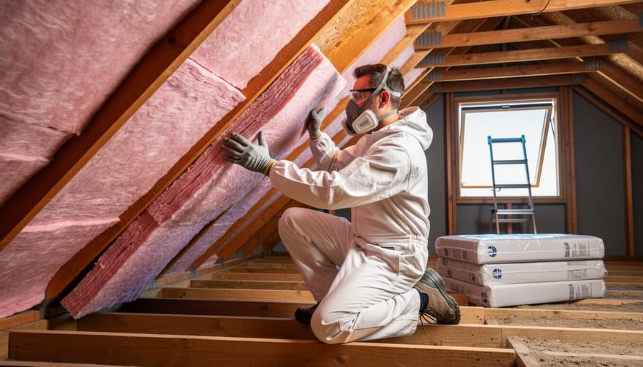 Installer wearing protective gear places pink fibreglass batts between timber ceiling joists in a clean Australian attic, with trusses, a ladder, and plain-wrapped batts softly visible in the background.