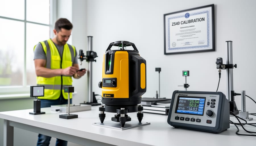 Professional laser level tool mounted on tripod at construction site