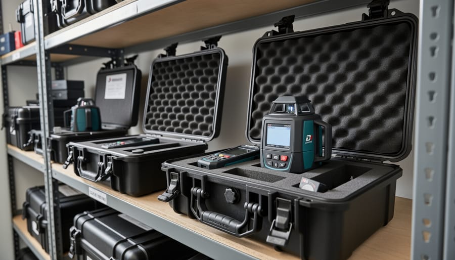 Laser level stored properly in protective foam-lined carrying case