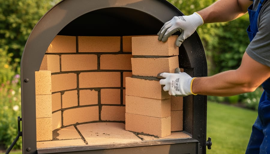 Gloved hands positioning fire bricks during outdoor stove construction