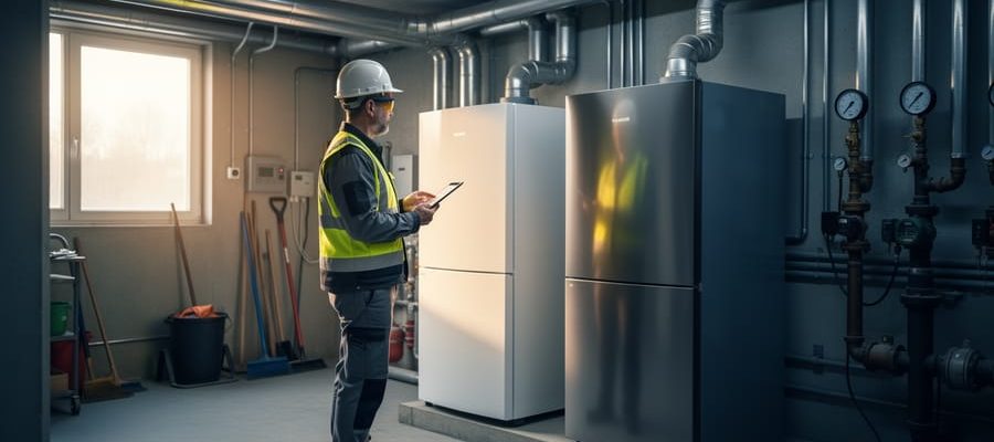 "Construction manager assessing an older boiler beside a modern high-efficiency condensing boiler in a commercial mechanical room with pipes and valves in the background."