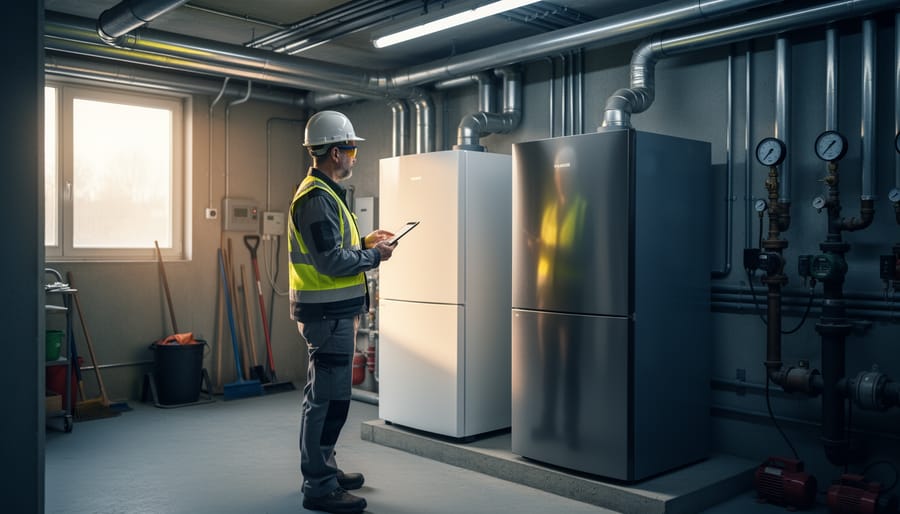 "Construction manager assessing an older boiler beside a modern high-efficiency condensing boiler in a commercial mechanical room with pipes and valves in the background."