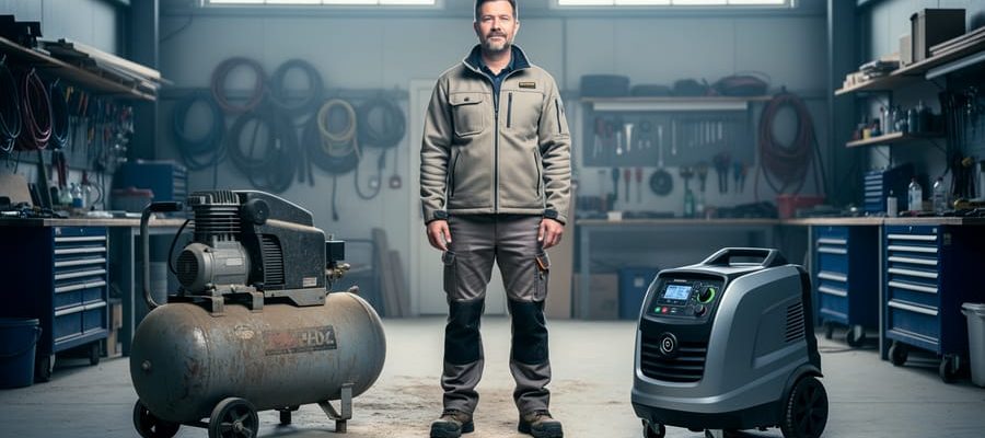 Contractor standing in a workshop between a worn older air compressor and a newer compact compressor, evaluating options under soft daylight with shelves and tools blurred in the background.