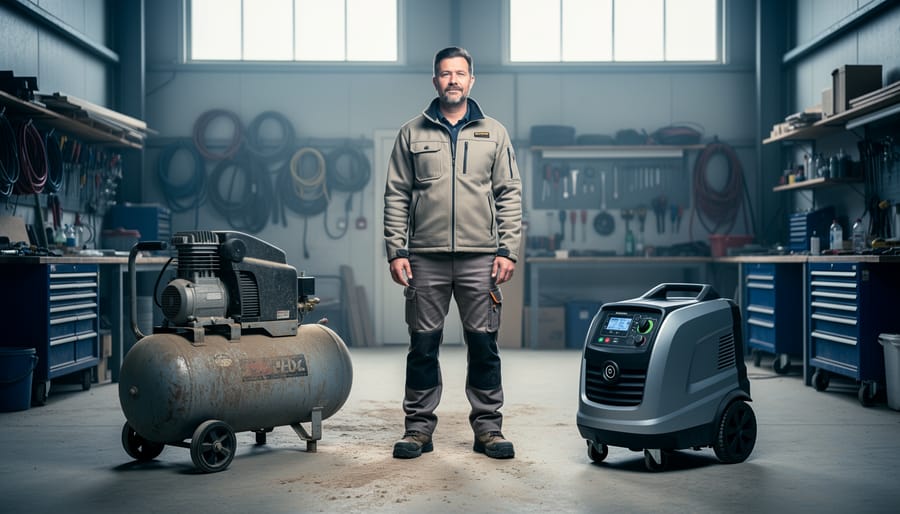 Contractor standing in a workshop between a worn older air compressor and a newer compact compressor, evaluating options under soft daylight with shelves and tools blurred in the background.