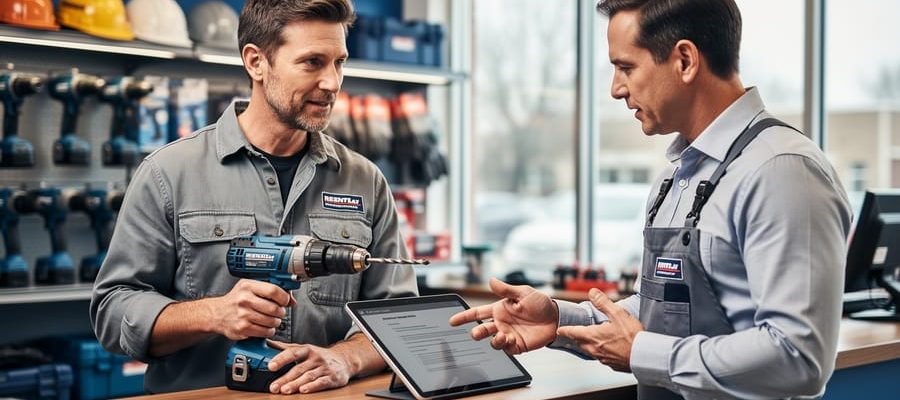 Customer holding a blue hammer drill at a tool rental counter as a rental associate points to a tablet, with blurred shelves of power tools and safety gear in the background under soft store lighting, no legible text visible.