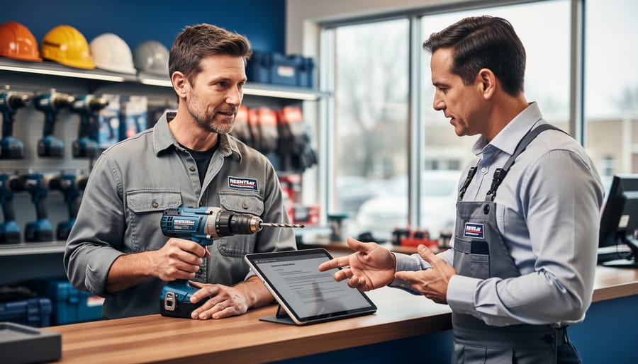 Customer holding a blue hammer drill at a tool rental counter as a rental associate points to a tablet, with blurred shelves of power tools and safety gear in the background under soft store lighting, no legible text visible.