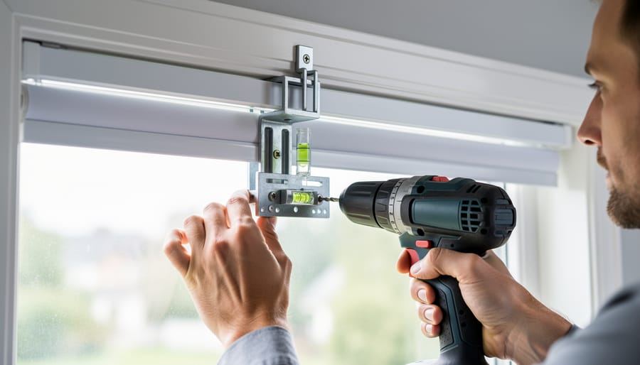 Close-up of hands using magnetic drill guide to install blind bracket on wall