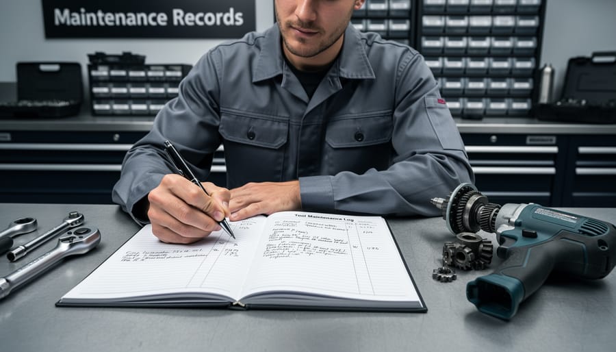 Person recording tool maintenance information in logbook on workbench