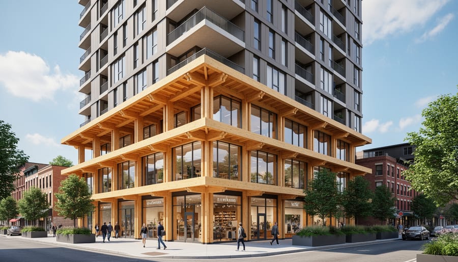Exterior view of contemporary multi-story mass timber building