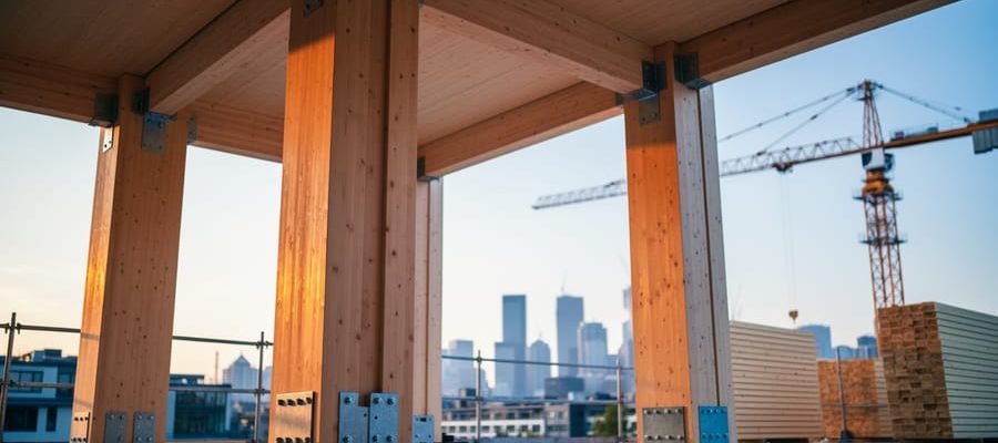"Low-angle view inside a mass timber building under construction with large glulam columns and CLT floor panels in warm sunlight, with a softly blurred tower crane, stacked prefabricated panels, and an urban skyline in the background."