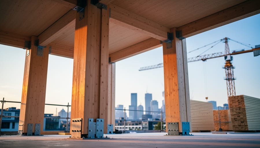 "Low-angle view inside a mass timber building under construction with large glulam columns and CLT floor panels in warm sunlight, with a softly blurred tower crane, stacked prefabricated panels, and an urban skyline in the background."