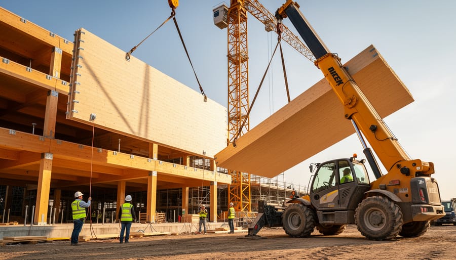 Construction crane lifting cross-laminated timber panel on building site