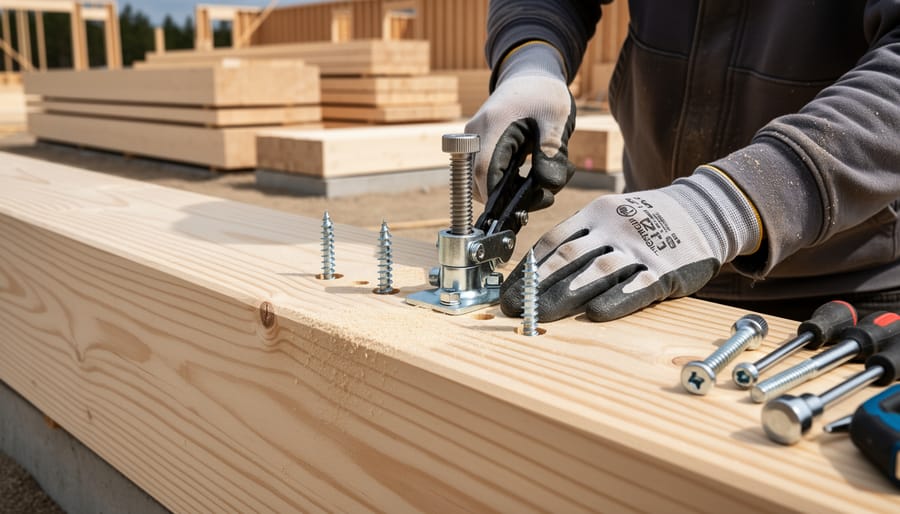 Construction worker using specialized drill on mass timber beam connection point