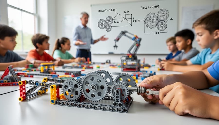 Teen hands assembling mechanical gears and components on workshop bench