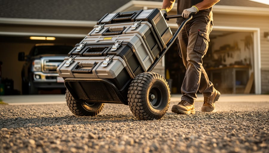 Gloved tradesperson pulling a modular rolling tool storage stack with pneumatic tires across a gravel driveway outside a garage, sharp focus on rugged wheels, reinforced corners, and stacked cases, with a softly blurred garage interior and work truck in warm side light.