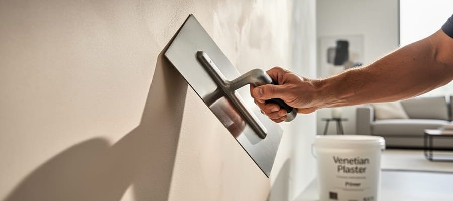 Close-up of a hand holding a stainless steel trowel at a slight angle, burnishing glossy modern Venetian plaster on an interior wall, with soft daylight and a blurred primed area, plaster bucket, and minimalist living room in the background.
