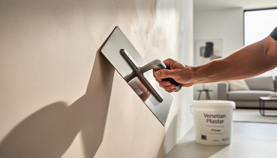Close-up of a hand holding a stainless steel trowel at a slight angle, burnishing glossy modern Venetian plaster on an interior wall, with soft daylight and a blurred primed area, plaster bucket, and minimalist living room in the background.