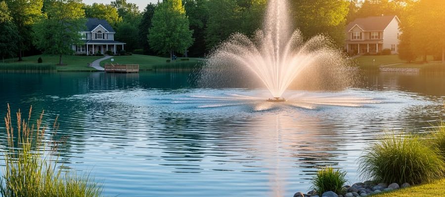 Large aeration fountain with multi-tier spray operating near the center of a one-acre residential pond at golden hour, viewed from the shoreline with grasses, stones, and a small dock; a house and trees sit in the softly blurred distance.